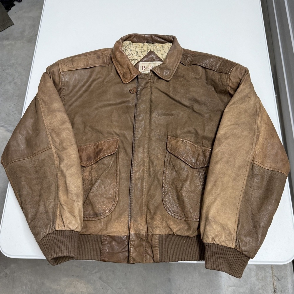 Vintage Bechamel Leather Bomber Jacket Mens L Brown Vintage Aviator Map Lining